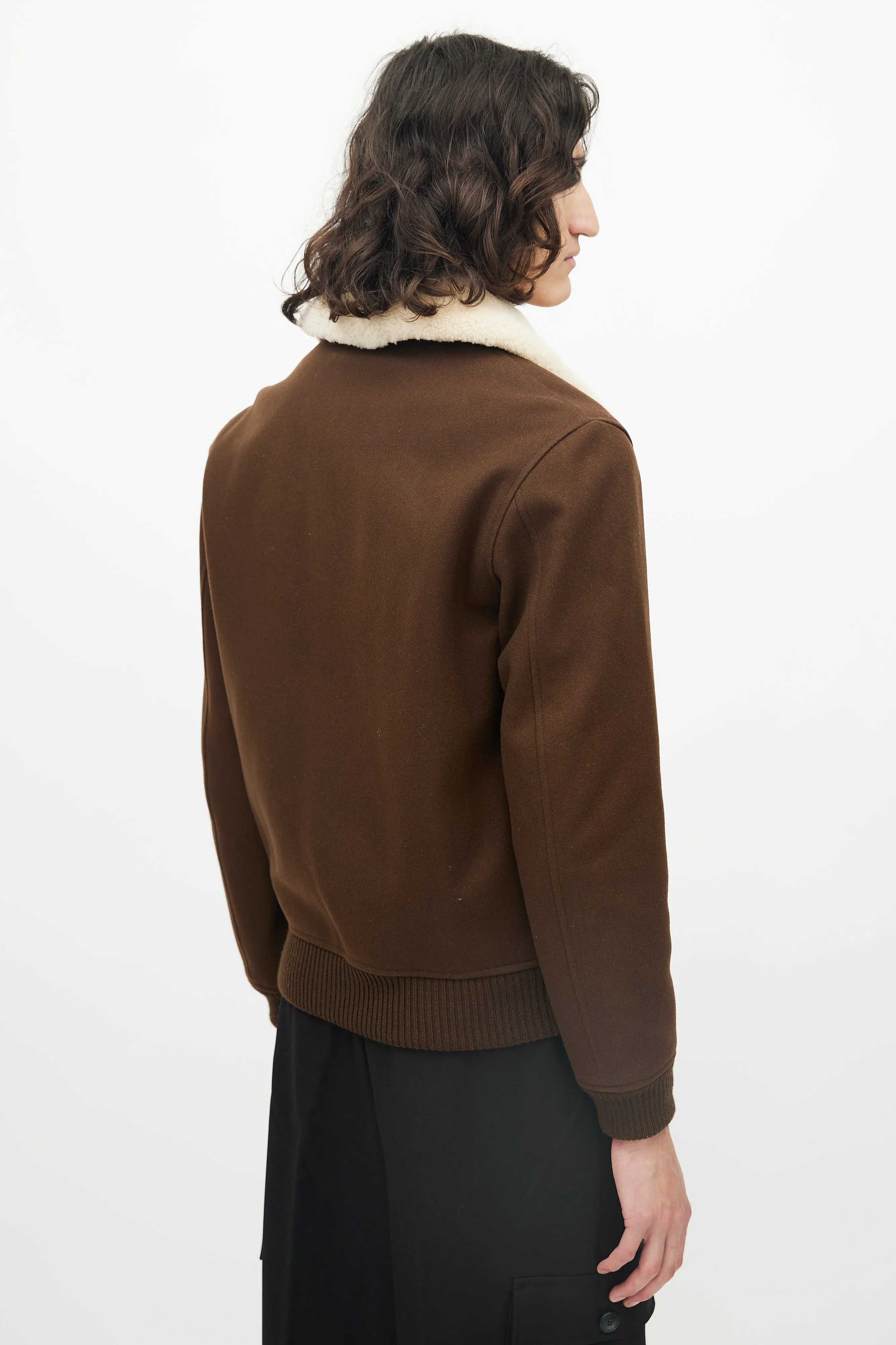 Brown Wool Shearling Collar Bomber Jacket