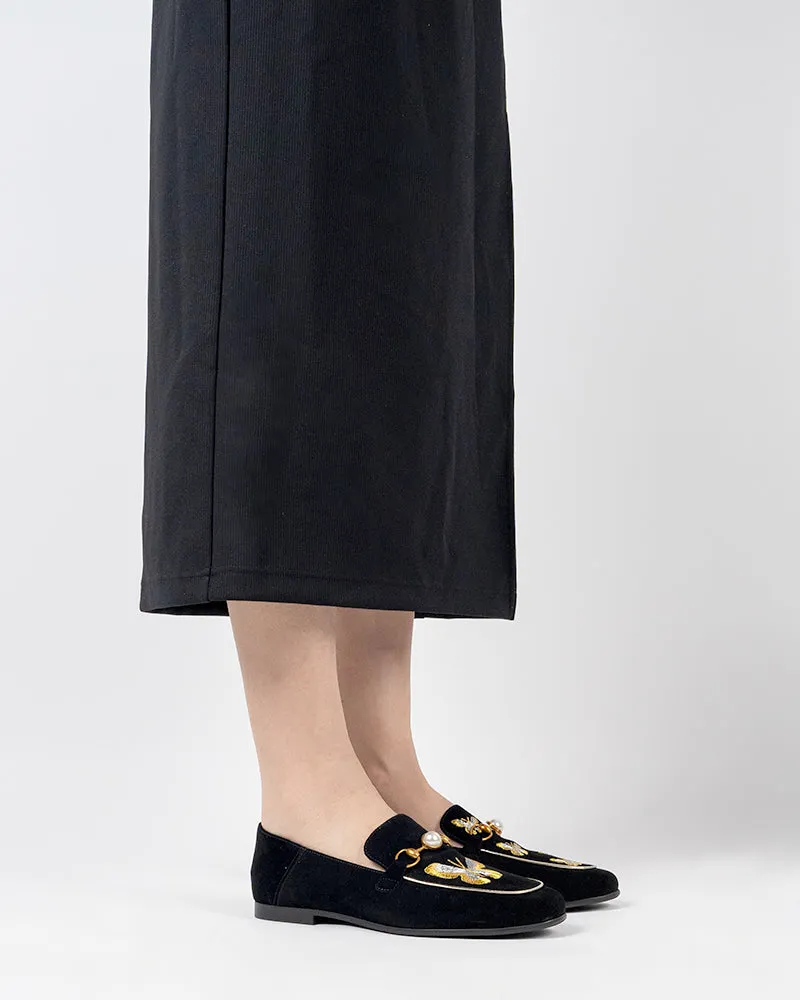 Butterfly Embroidery Velvet Backless Slip On Loafers