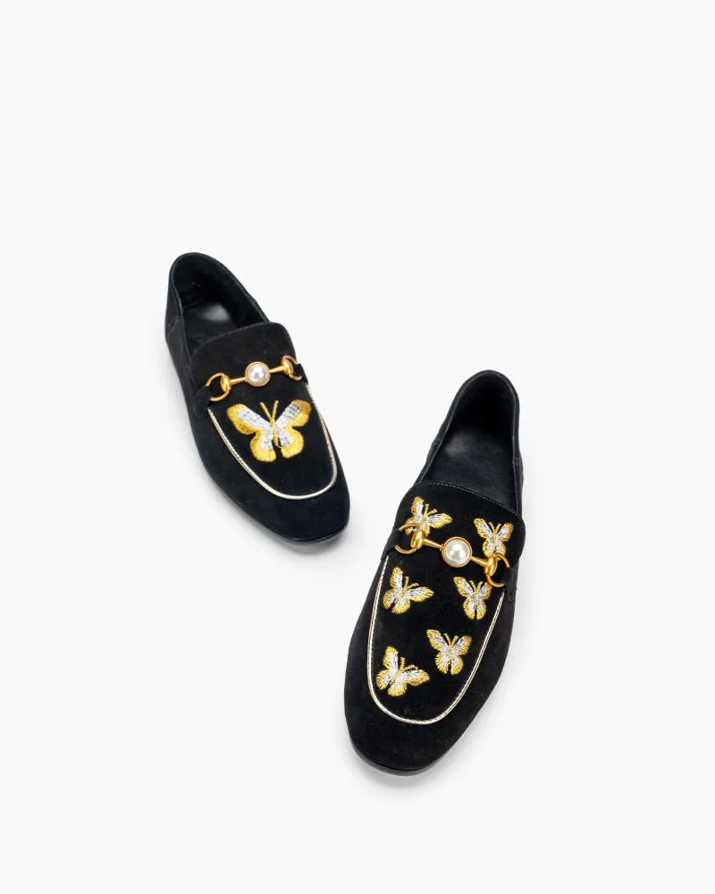 Butterfly Embroidery Velvet Backless Slip On Loafers