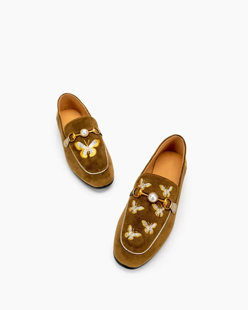 Butterfly Embroidery Velvet Backless Slip On Loafers