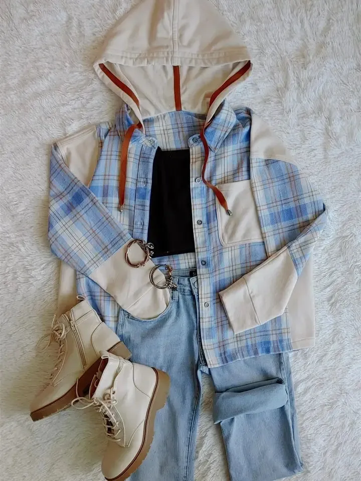 Button Down Plaid Hoodie Shacket - Blue/Ivory