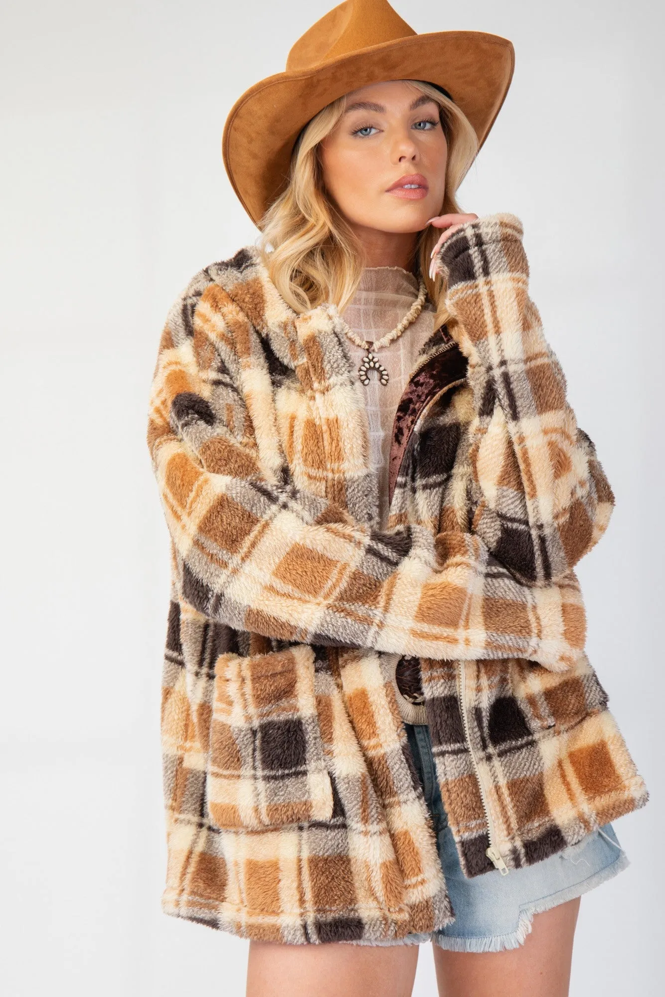 Camel Plaid Fleece Hoodie Jacket