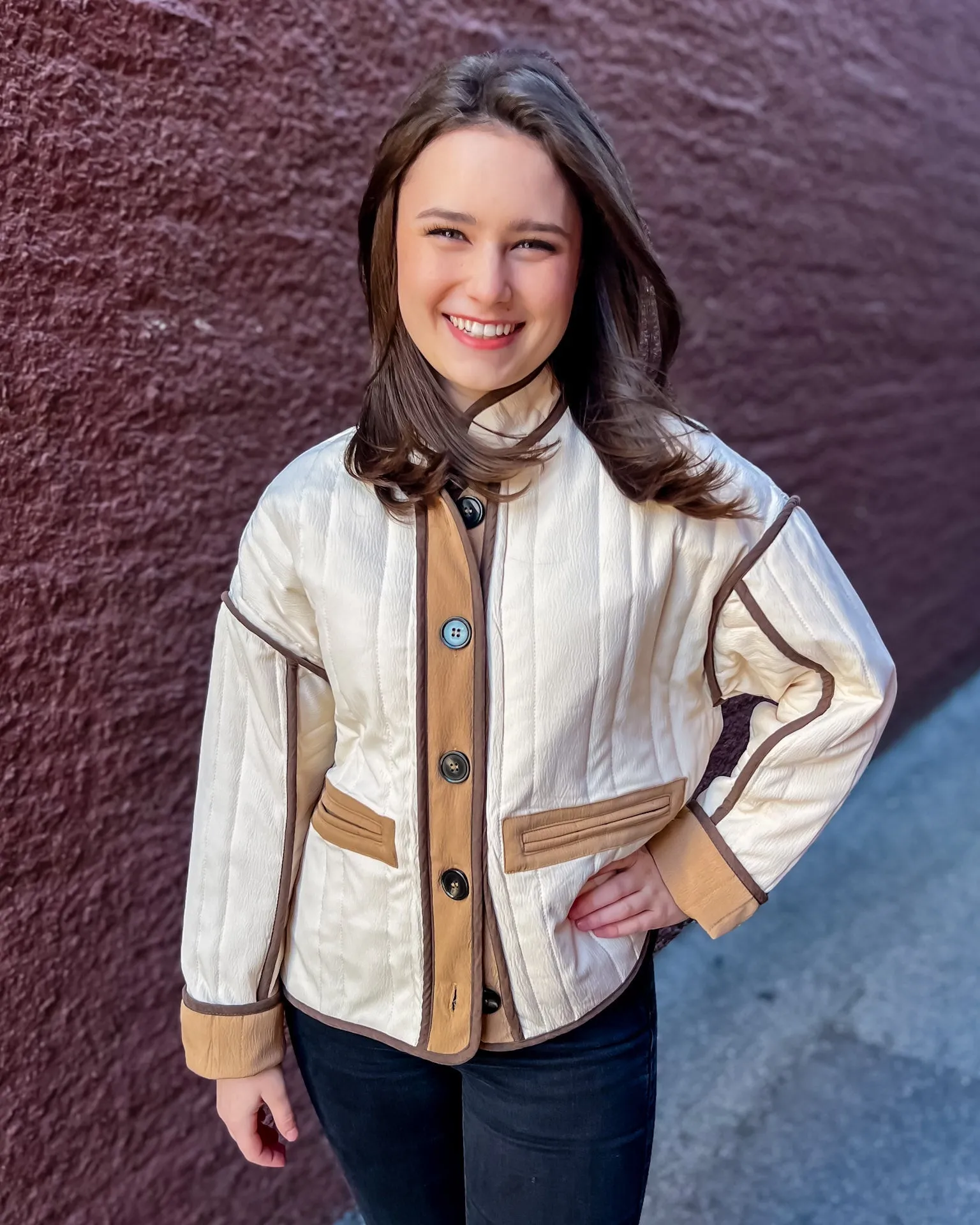 Camel/Cream Colorblock Quilted Jacket