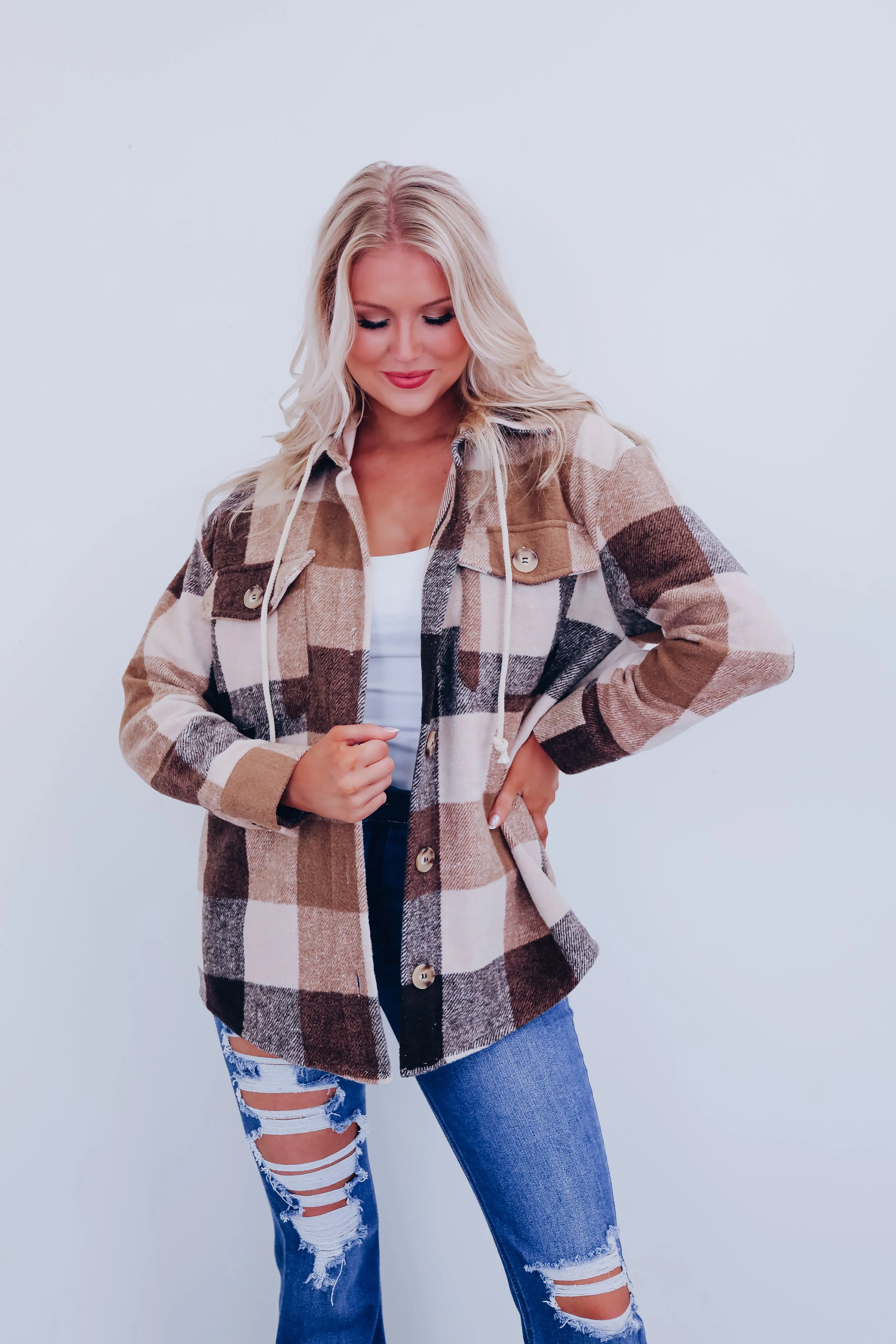 Campfire Cozy Plaid Hoodie Shacket - Camel