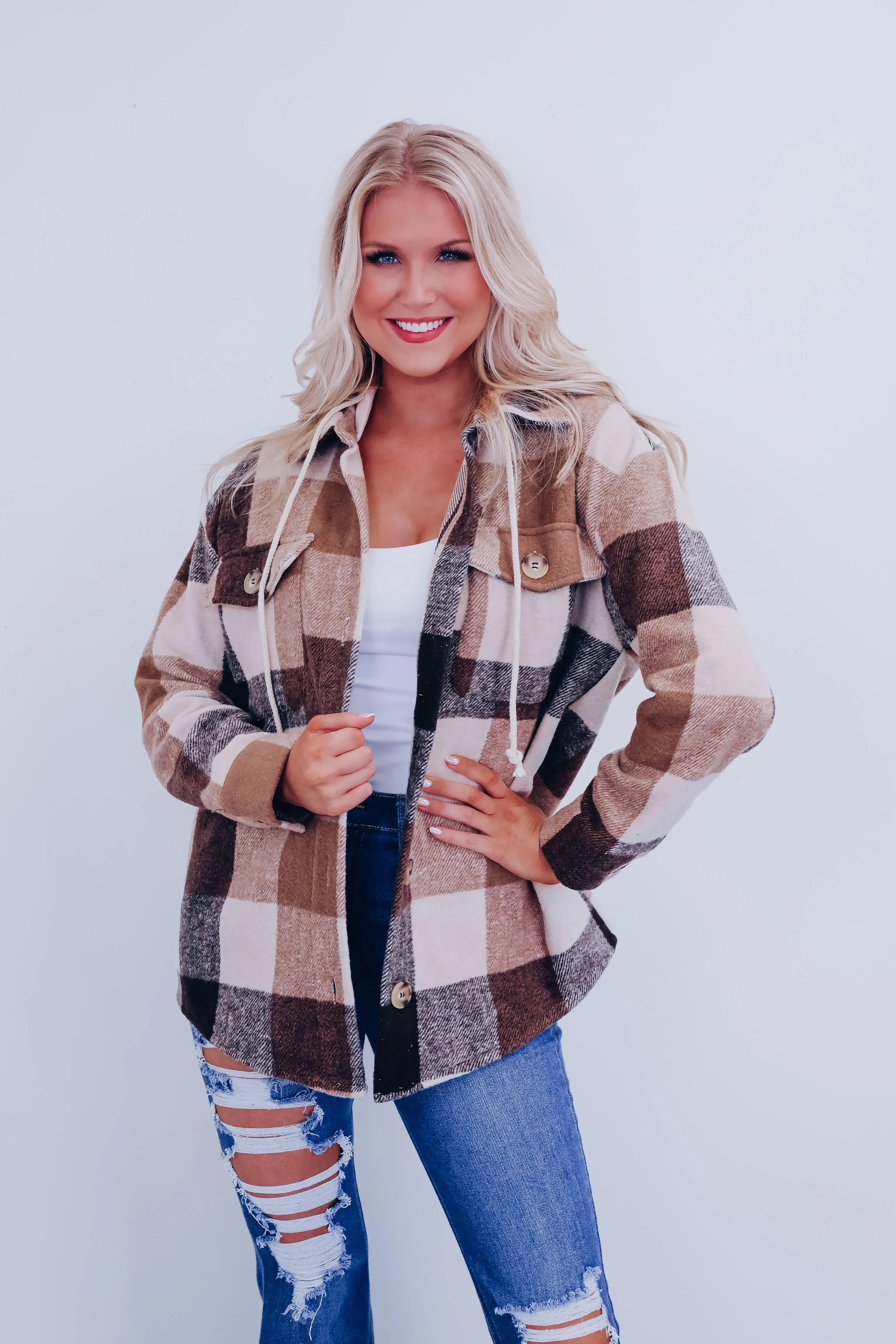 Campfire Cozy Plaid Hoodie Shacket - Camel