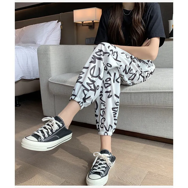 Casual Plus Graffiti Letter Elastic Waist Chiffon High-Waisted Lantern Pants Pants