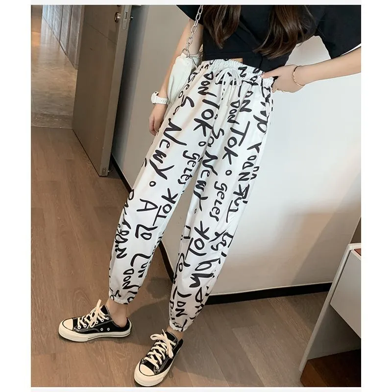 Casual Plus Graffiti Letter Elastic Waist Chiffon High-Waisted Lantern Pants Pants