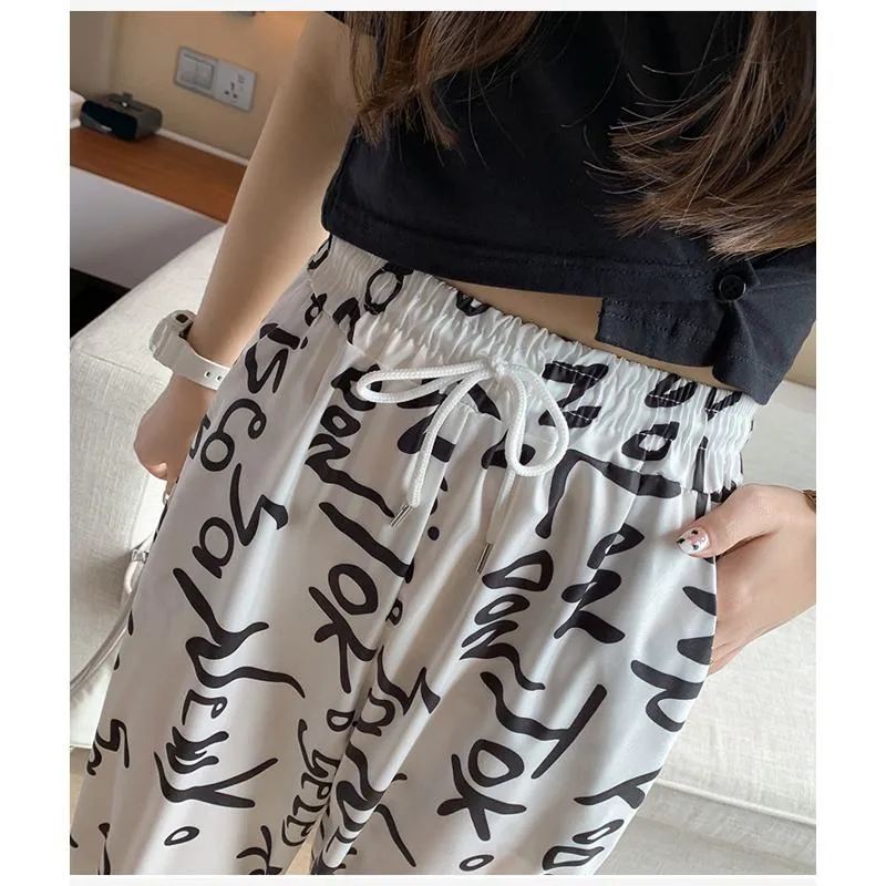 Casual Plus Graffiti Letter Elastic Waist Chiffon High-Waisted Lantern Pants Pants