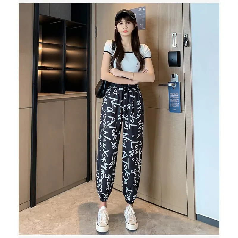 Casual Plus Graffiti Letter Elastic Waist Chiffon High-Waisted Lantern Pants Pants