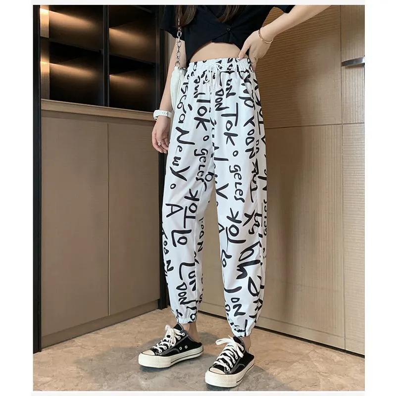 Casual Plus Graffiti Letter Elastic Waist Chiffon High-Waisted Lantern Pants Pants