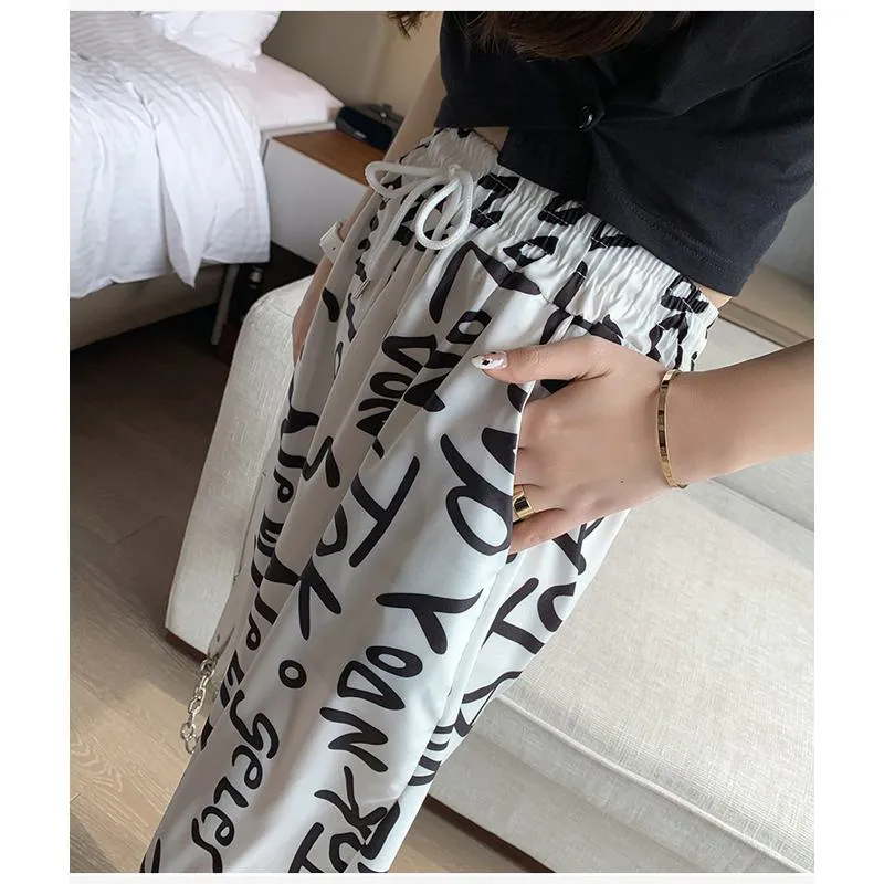 Casual Plus Graffiti Letter Elastic Waist Chiffon High-Waisted Lantern Pants Pants