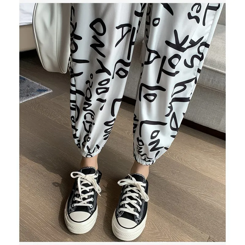 Casual Plus Graffiti Letter Elastic Waist Chiffon High-Waisted Lantern Pants Pants