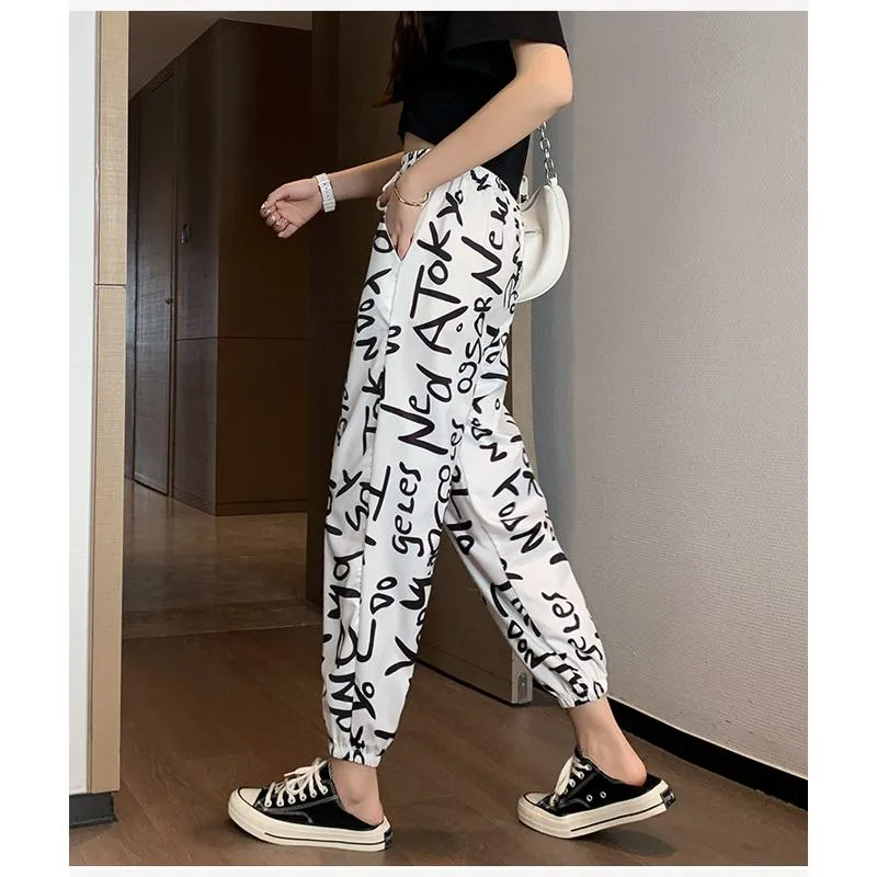 Casual Plus Graffiti Letter Elastic Waist Chiffon High-Waisted Lantern Pants Pants