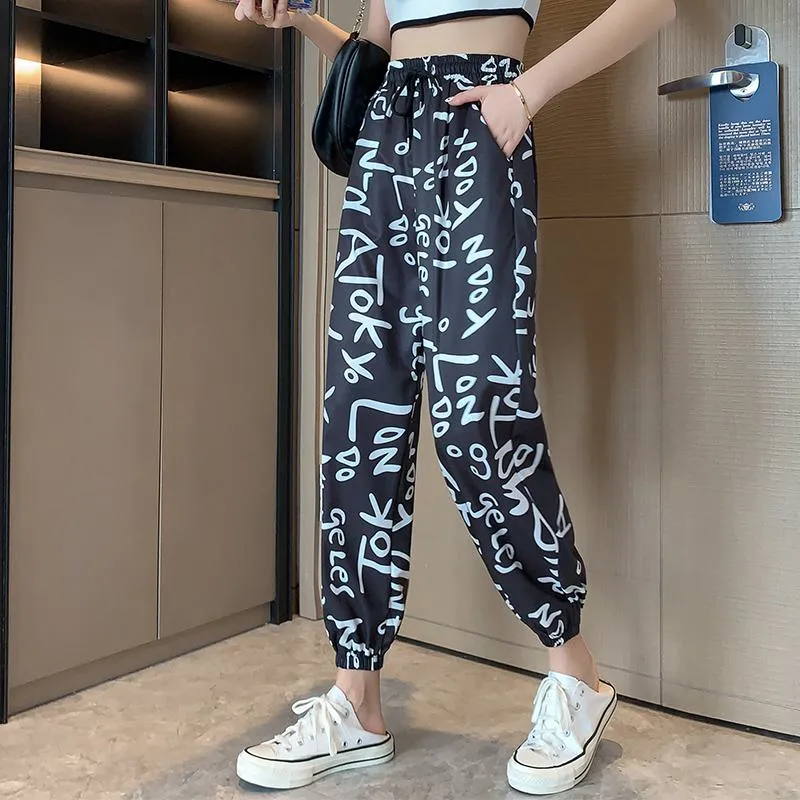 Casual Plus Graffiti Letter Elastic Waist Chiffon High-Waisted Lantern Pants Pants