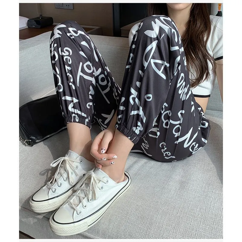 Casual Plus Graffiti Letter Elastic Waist Chiffon High-Waisted Lantern Pants Pants