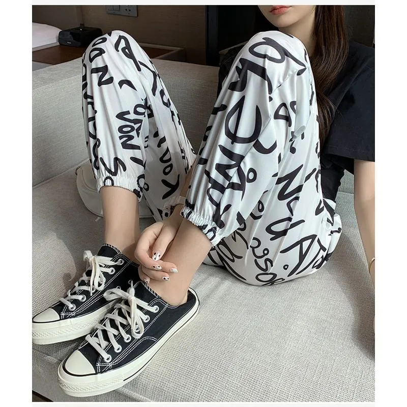 Casual Plus Graffiti Letter Elastic Waist Chiffon High-Waisted Lantern Pants Pants