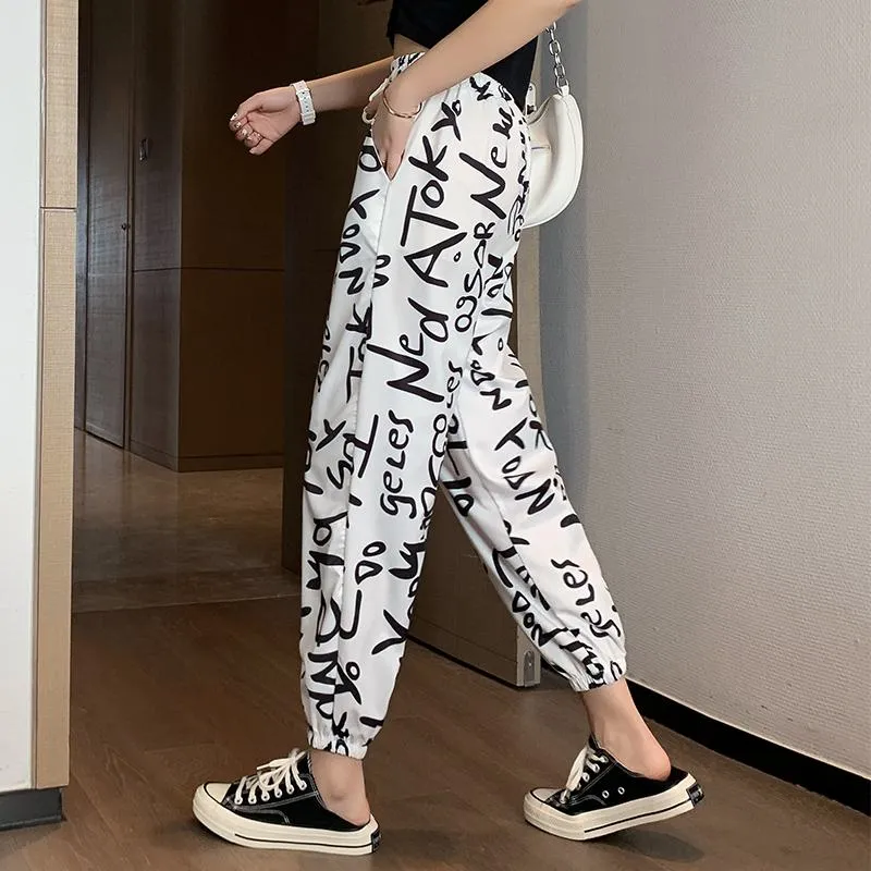 Casual Plus Graffiti Letter Elastic Waist Chiffon High-Waisted Lantern Pants Pants