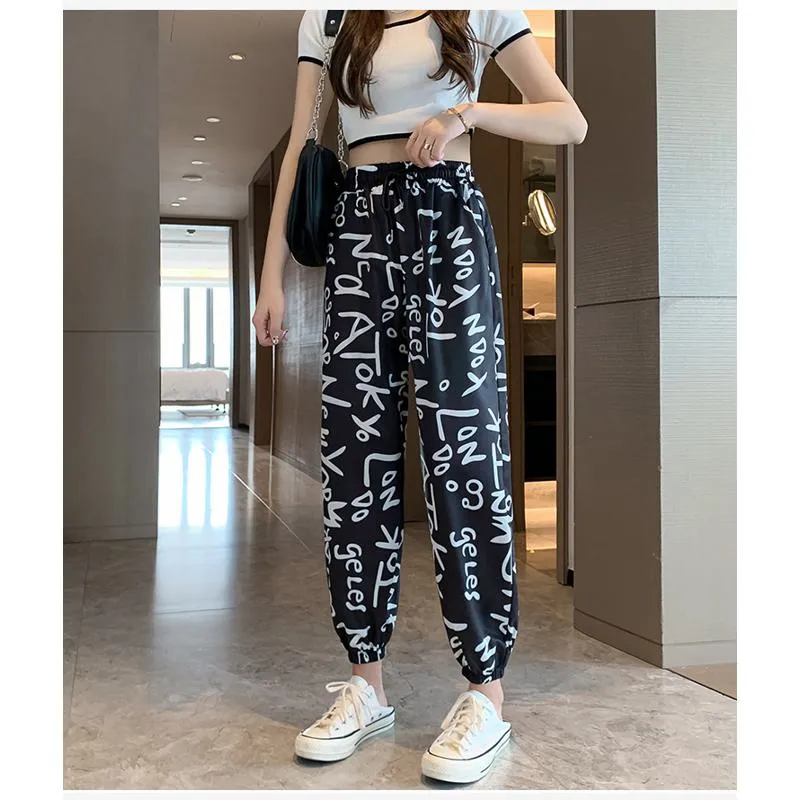 Casual Plus Graffiti Letter Elastic Waist Chiffon High-Waisted Lantern Pants Pants