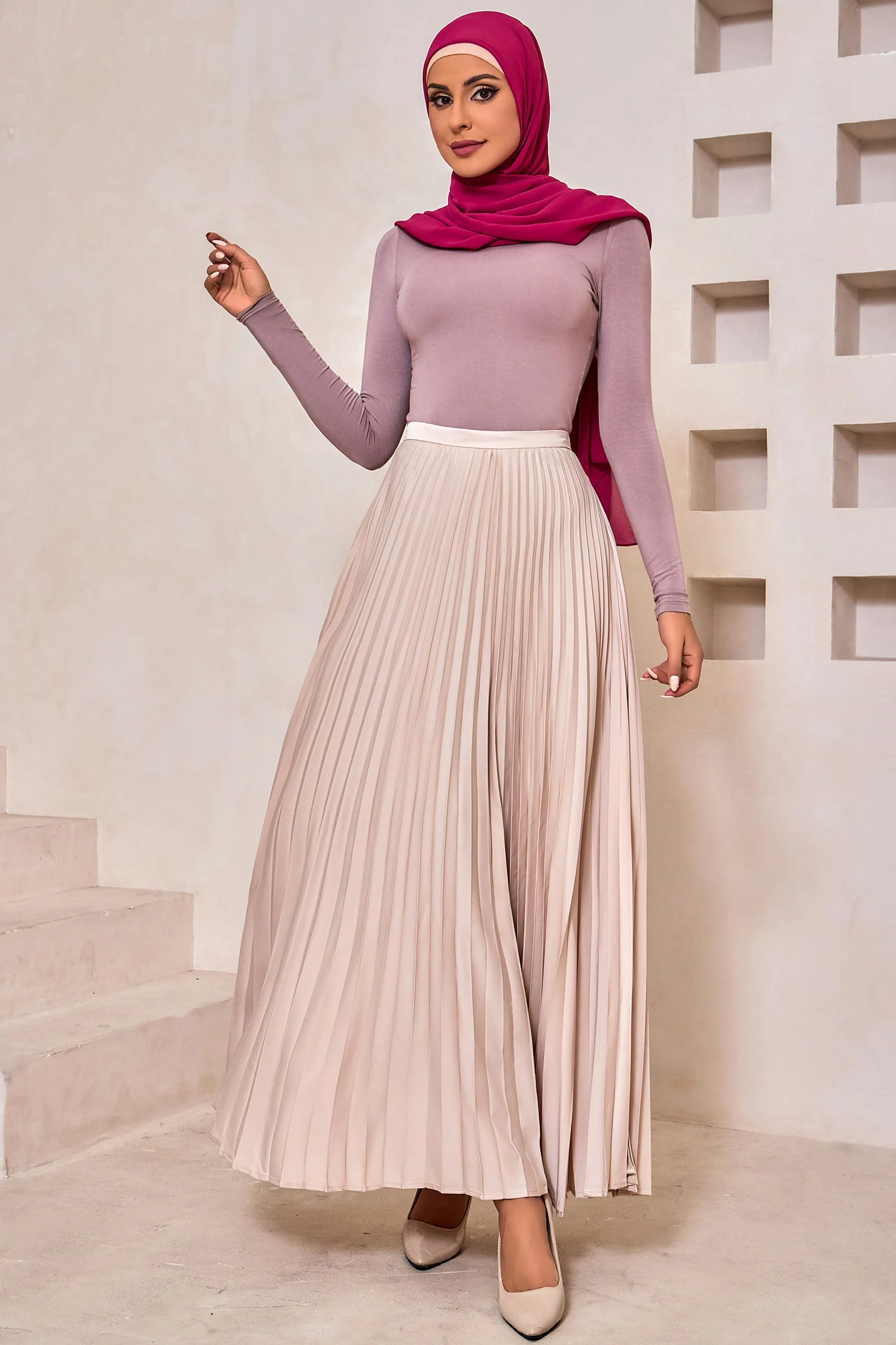 Champagne Satin Pleated Maxi Skirt