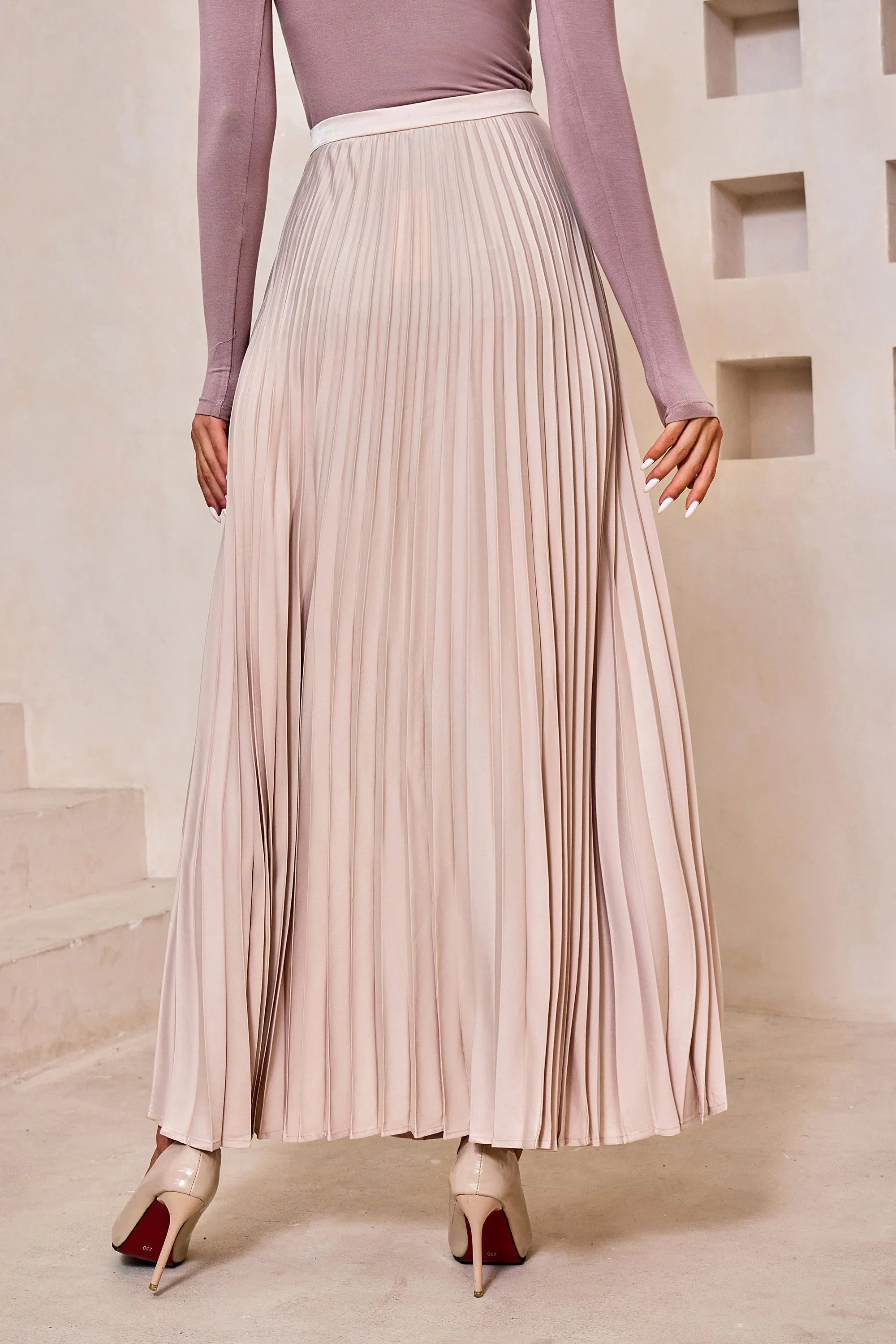 Champagne Satin Pleated Maxi Skirt