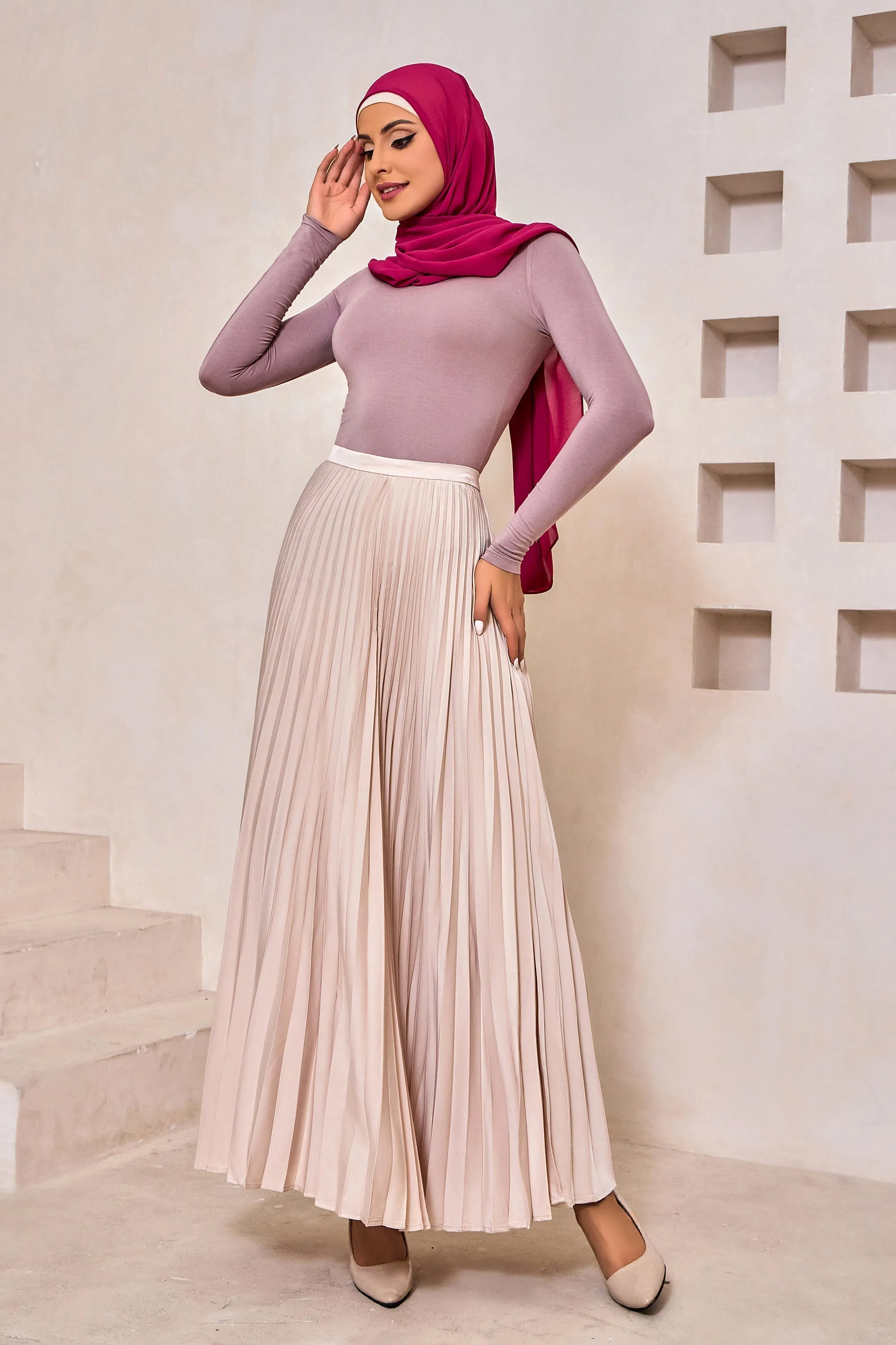 Champagne Satin Pleated Maxi Skirt