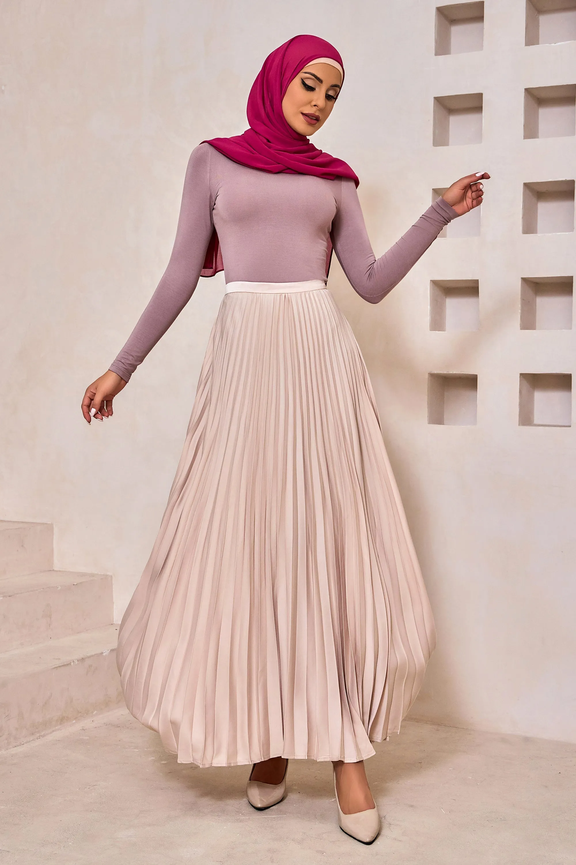 Champagne Satin Pleated Maxi Skirt