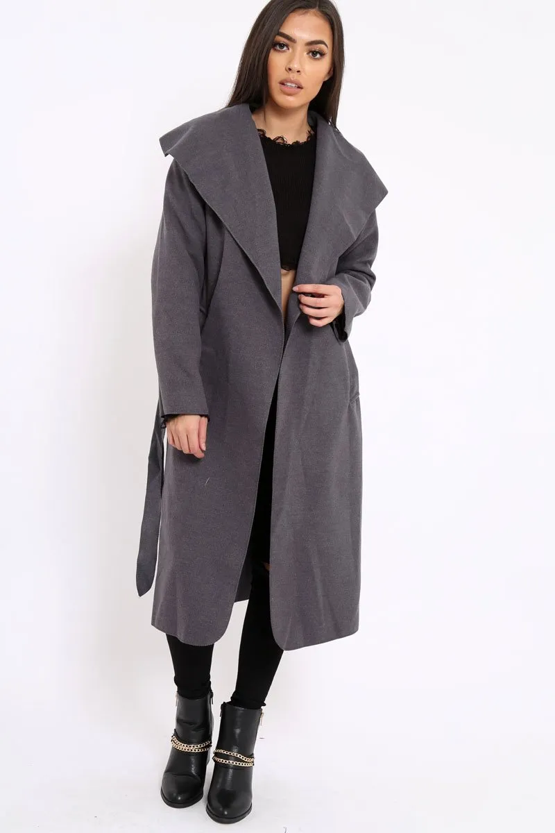 Charcoal Long Length Waterfall Belted Coat - Cindy