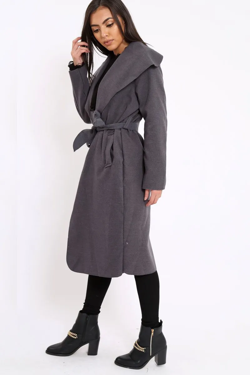 Charcoal Long Length Waterfall Belted Coat - Cindy