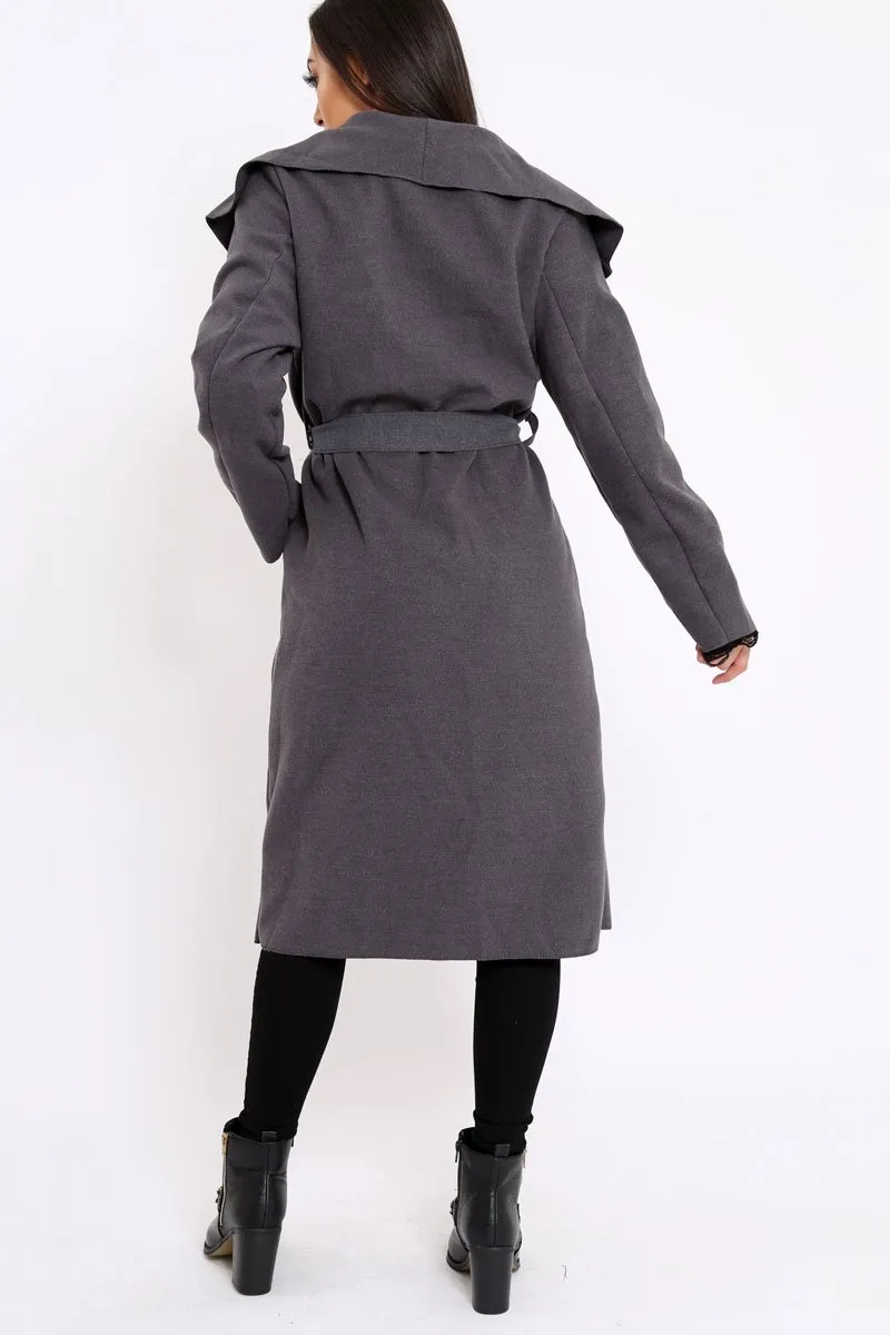 Charcoal Long Length Waterfall Belted Coat - Cindy