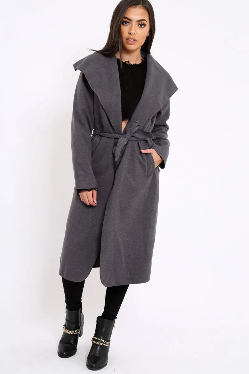 Charcoal Long Length Waterfall Belted Coat - Cindy