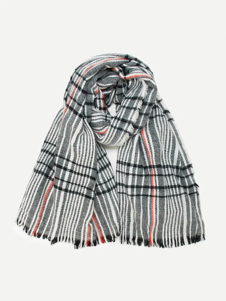 Check Tartan Print Frayed Trim Plaid Scarf