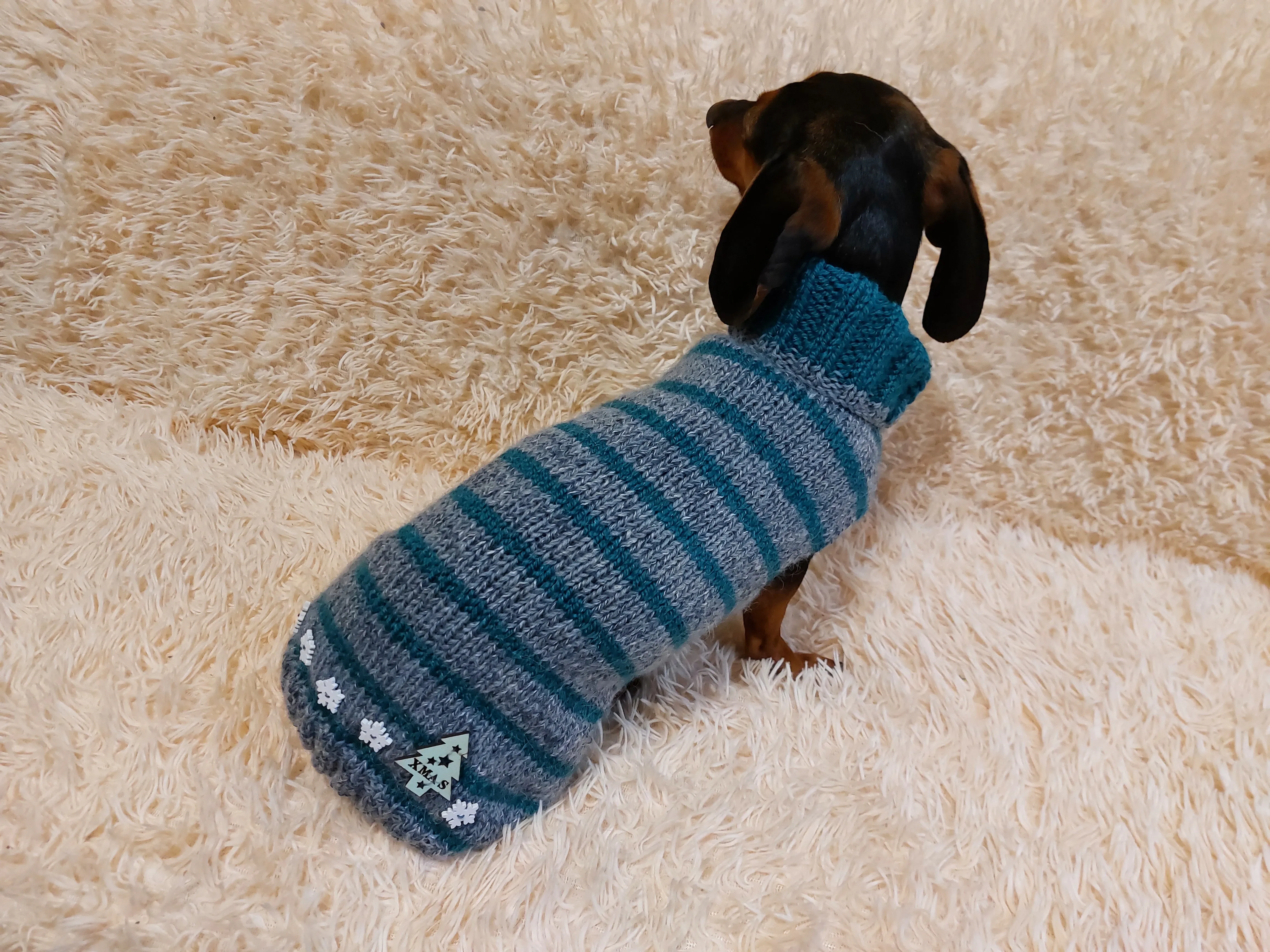 Christmas striped jumper for dachshund or small dog with wooden buttons