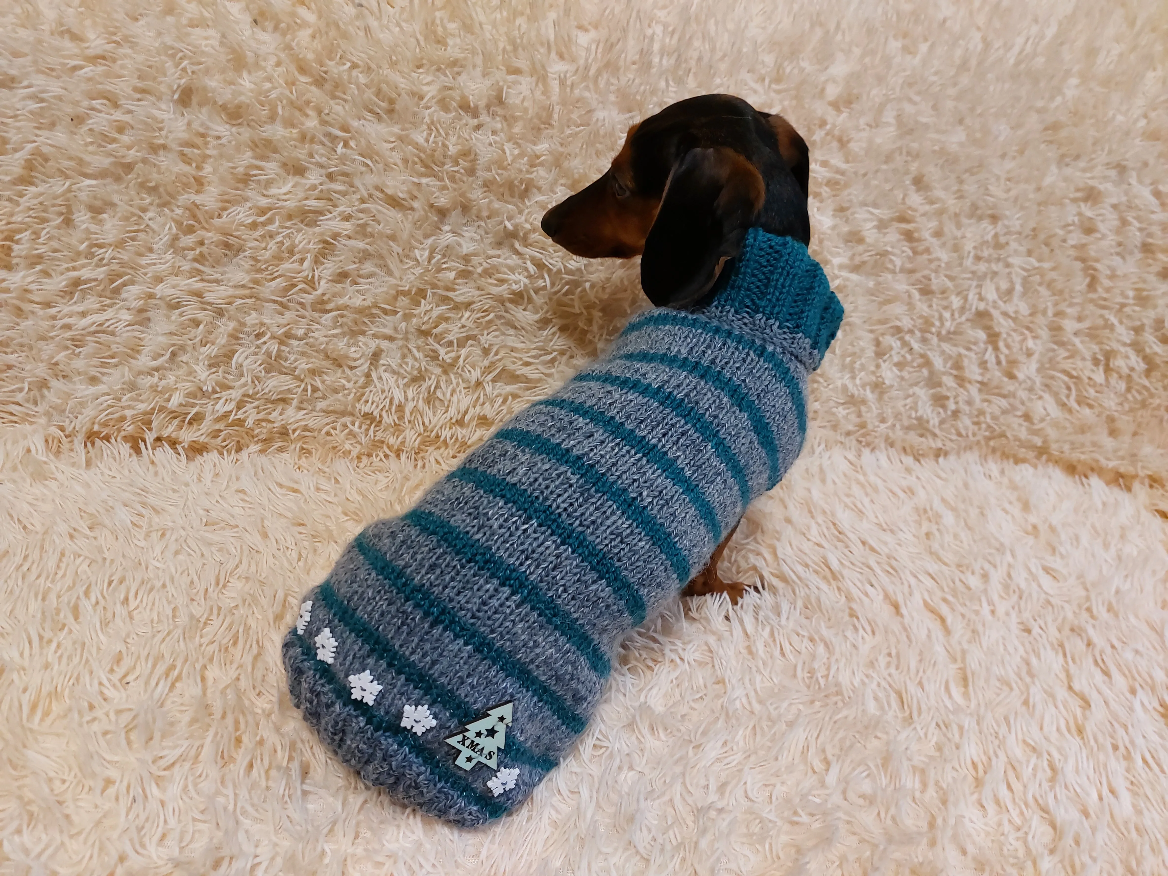 Christmas striped jumper for dachshund or small dog with wooden buttons