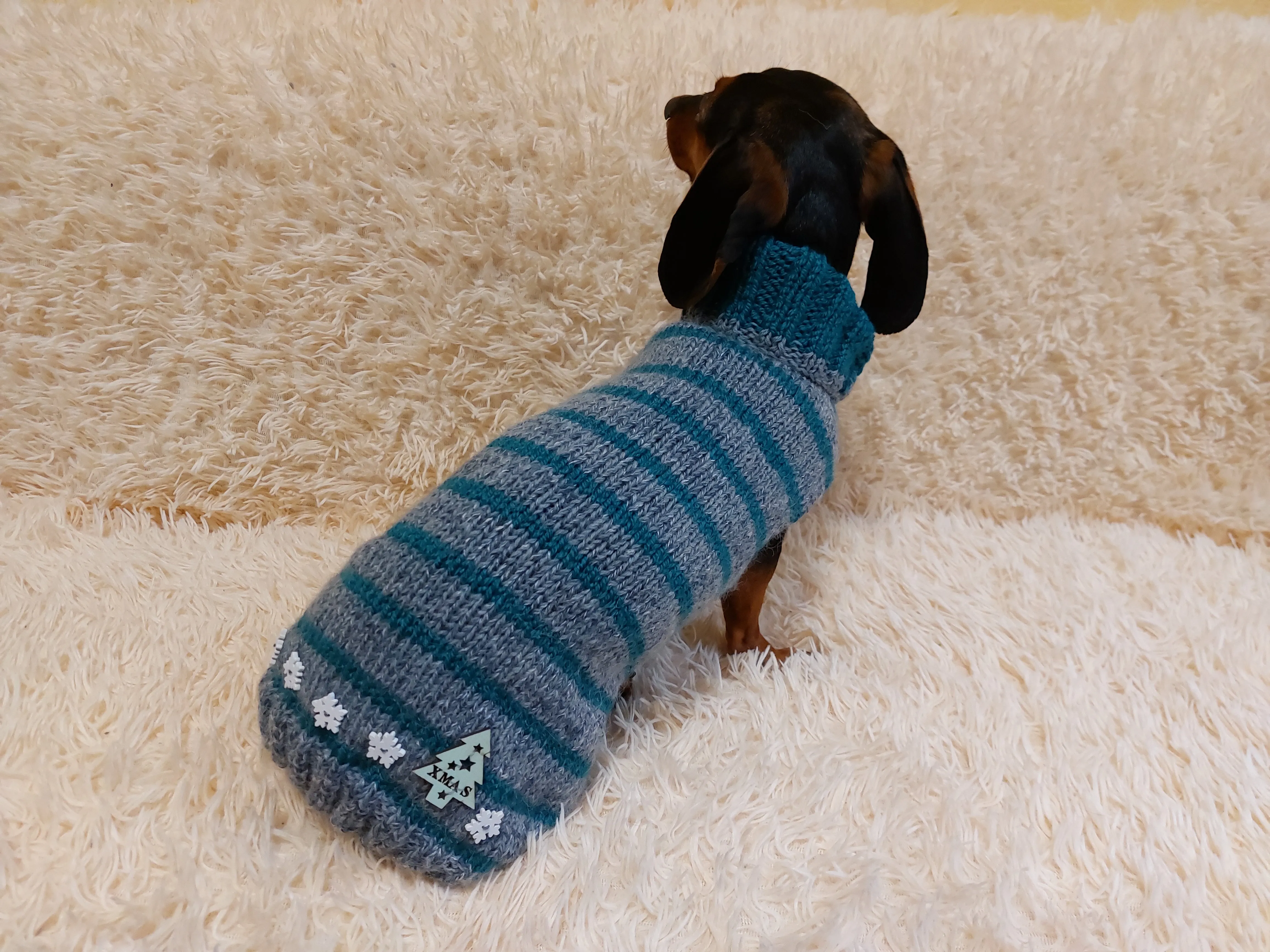 Christmas striped jumper for dachshund or small dog with wooden buttons