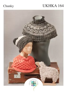 Chunky Knitting Pattern Woolen Woman Mini Poncho Bobble Hat