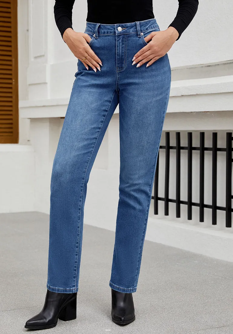 Classic Blue Women's High Waisted Full Length Straight Leg Jeans With Pockets