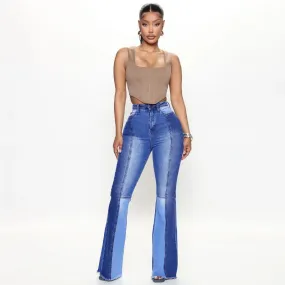 Color Contrast Blue High Waist Boot Cut Jeans