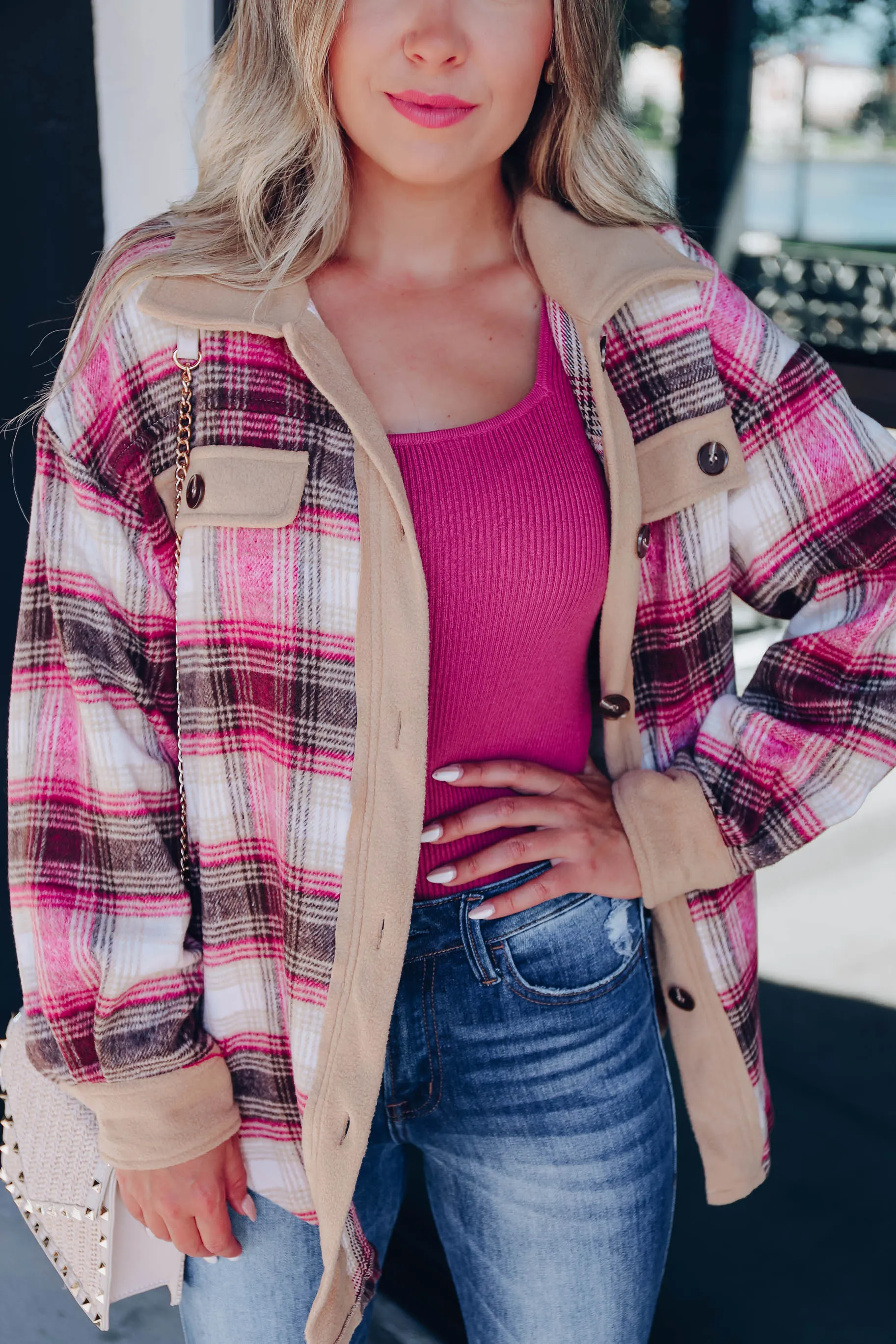 Color Your World Plaid Shacket - Magenta S-3X