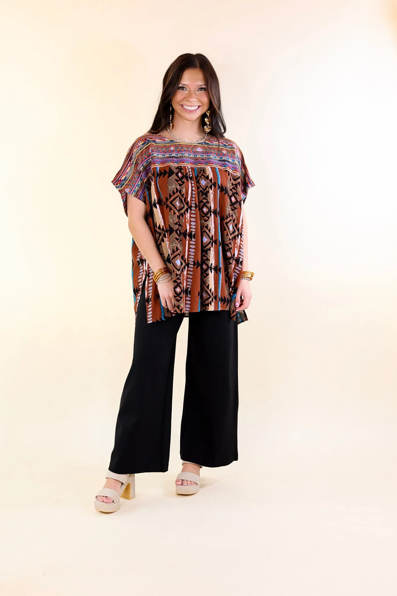 Colors Of The West Aztec Print Embroidered Cap Sleeve Poncho Top in Brown