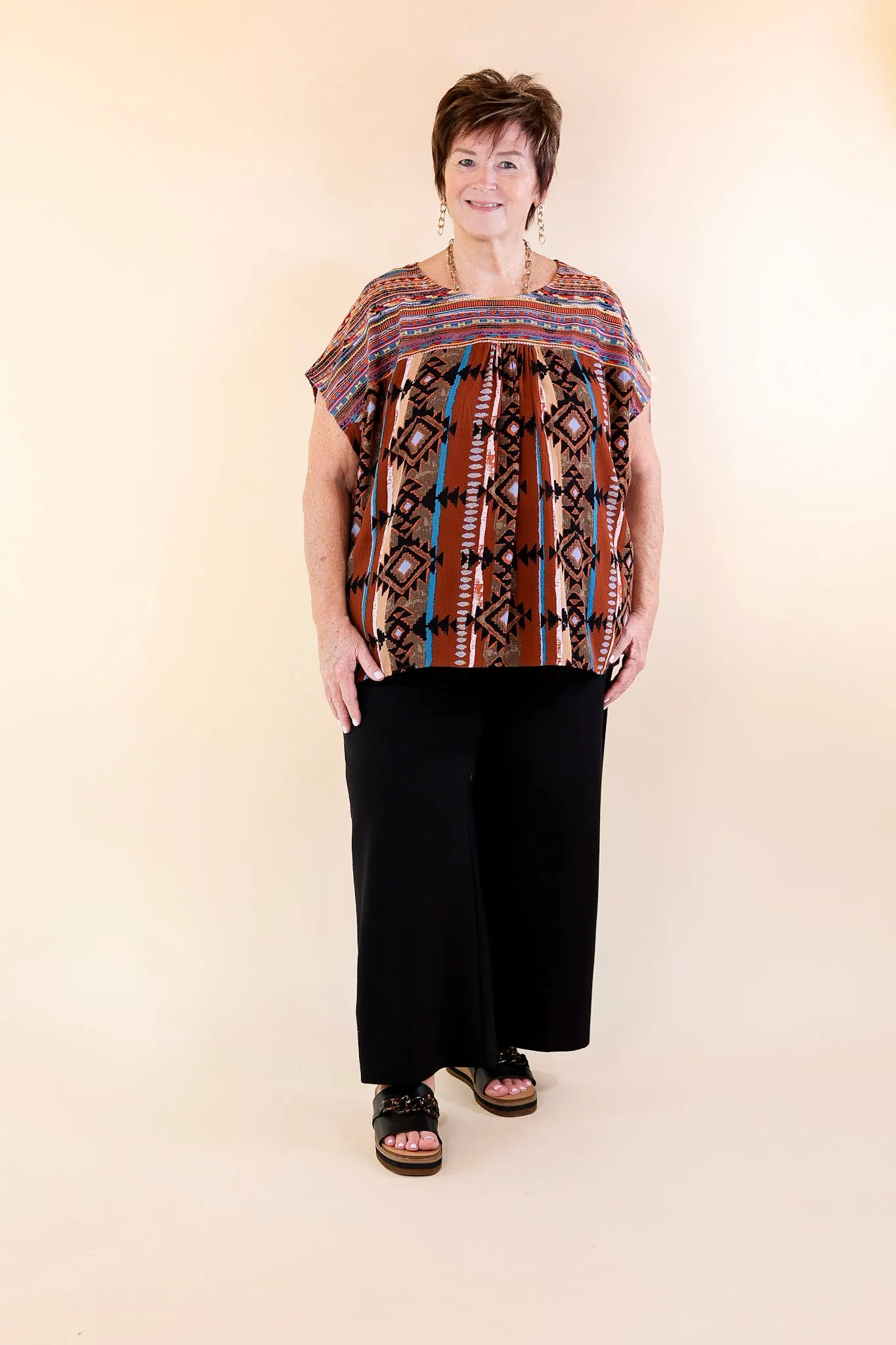 Colors Of The West Aztec Print Embroidered Cap Sleeve Poncho Top in Brown