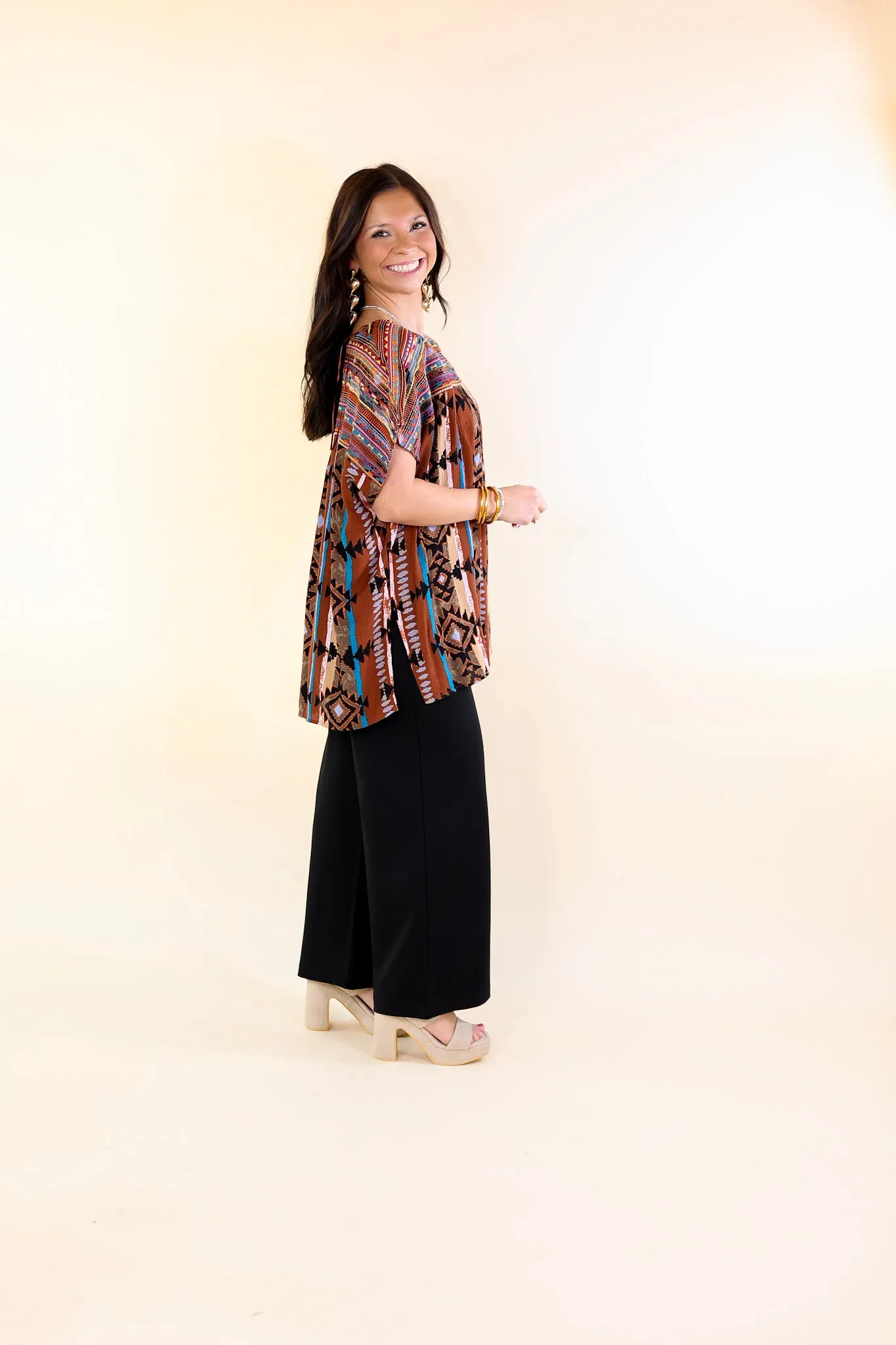 Colors Of The West Aztec Print Embroidered Cap Sleeve Poncho Top in Brown