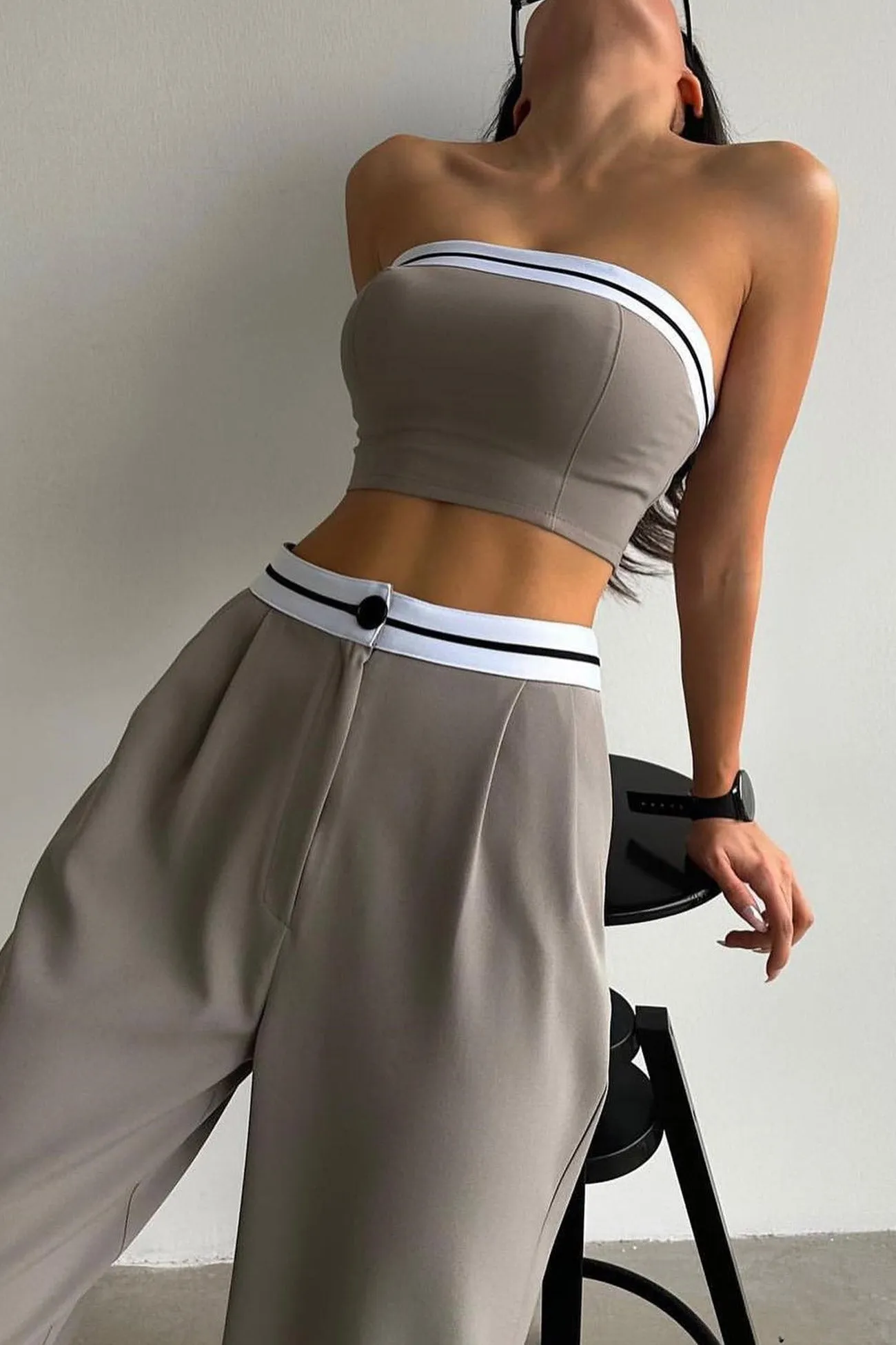 Contrast Strapless Crop Top Long Pants Suits