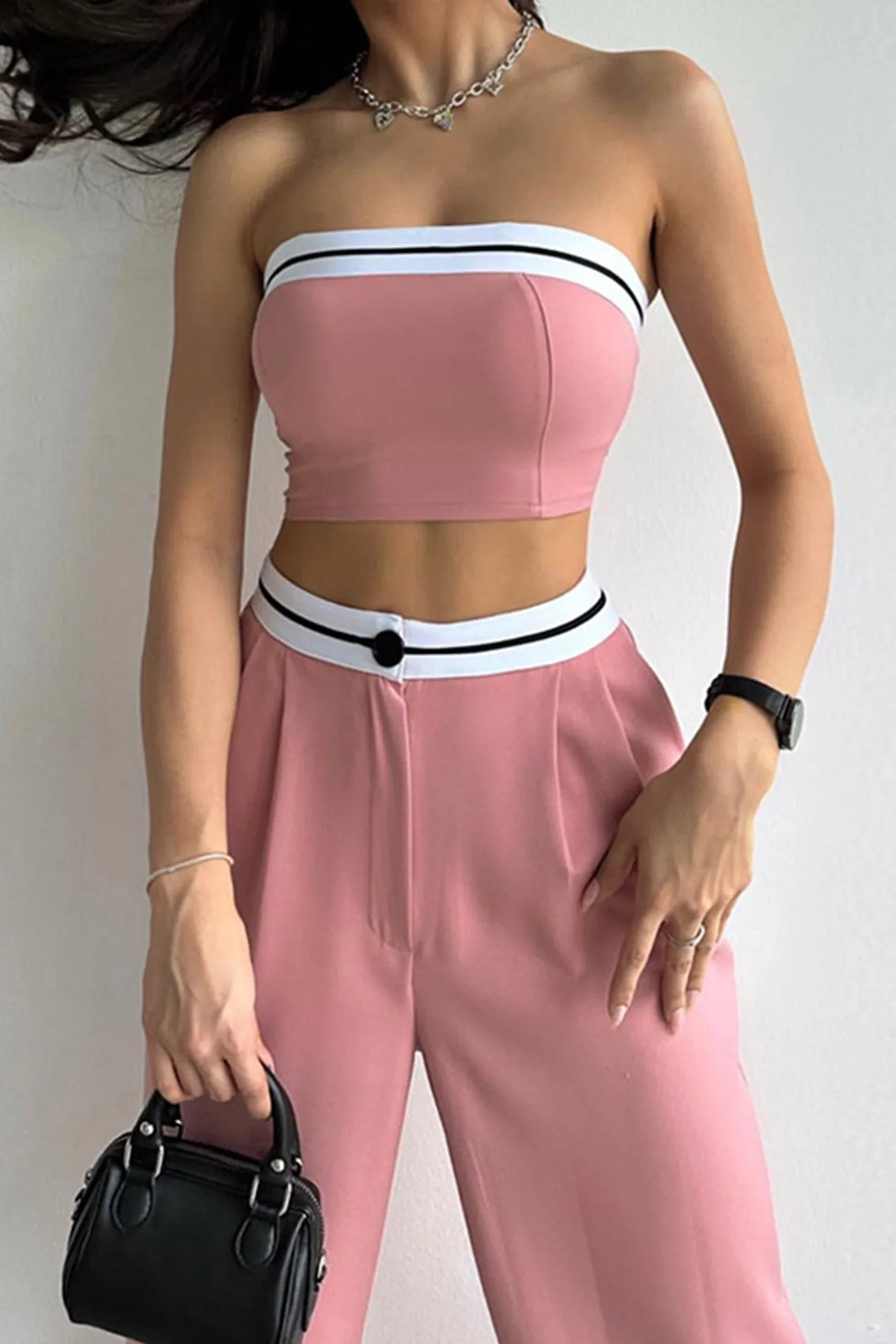 Contrast Strapless Crop Top Long Pants Suits