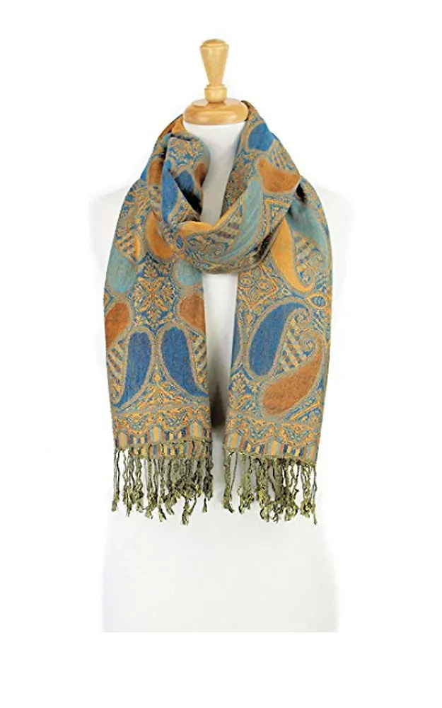 DBA18-18 Blue & Orange Paisley Print Pashmina Scarf