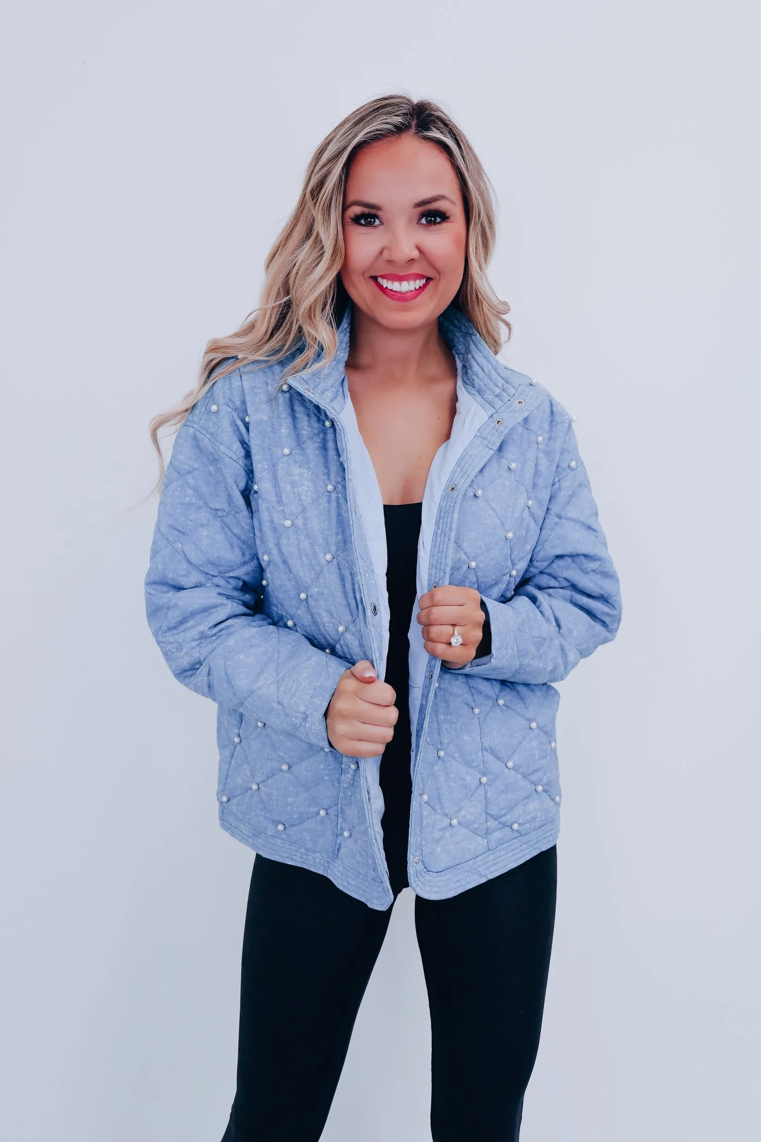 Denim Adorned Quilted Jacket - Blue