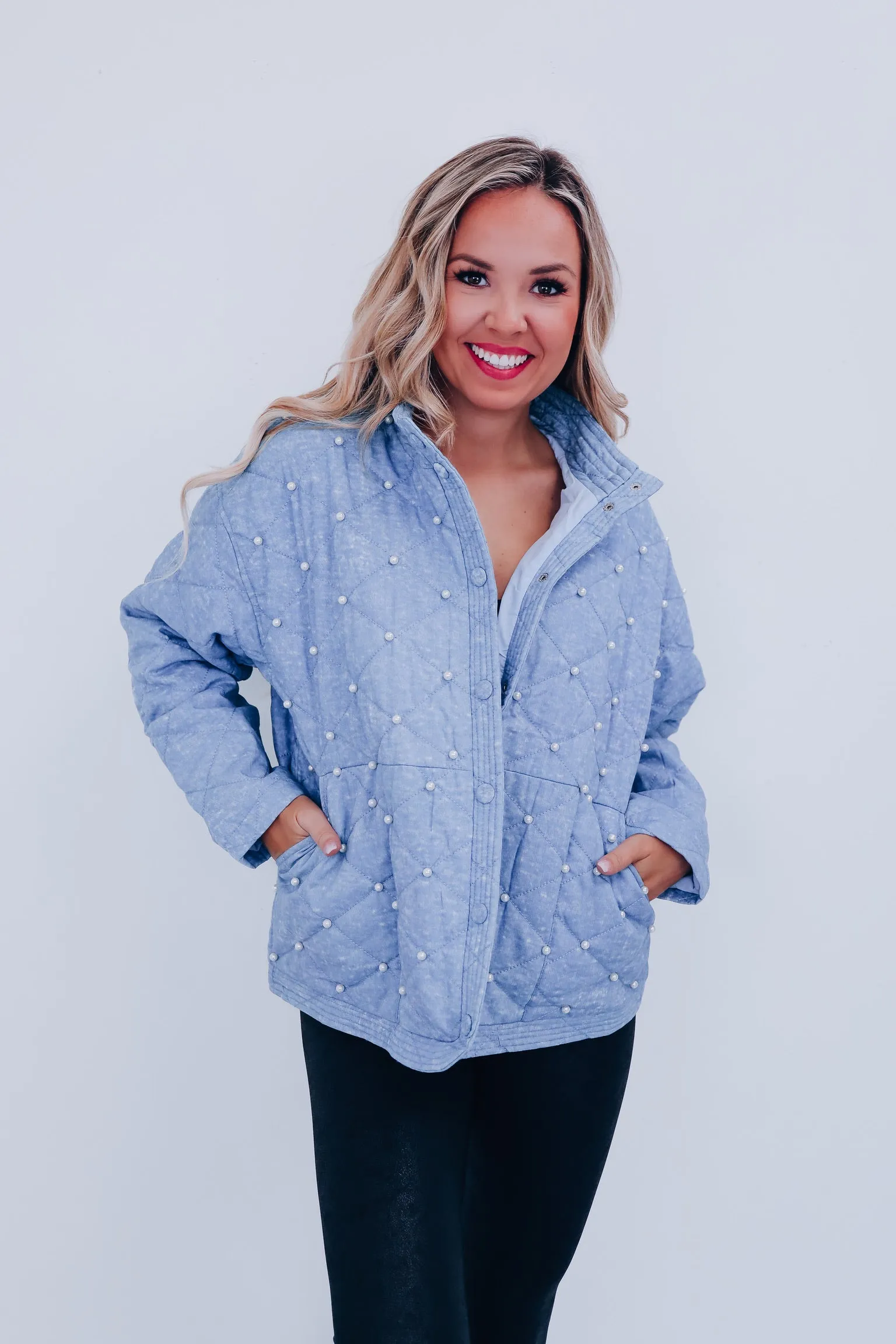 Denim Adorned Quilted Jacket - Blue