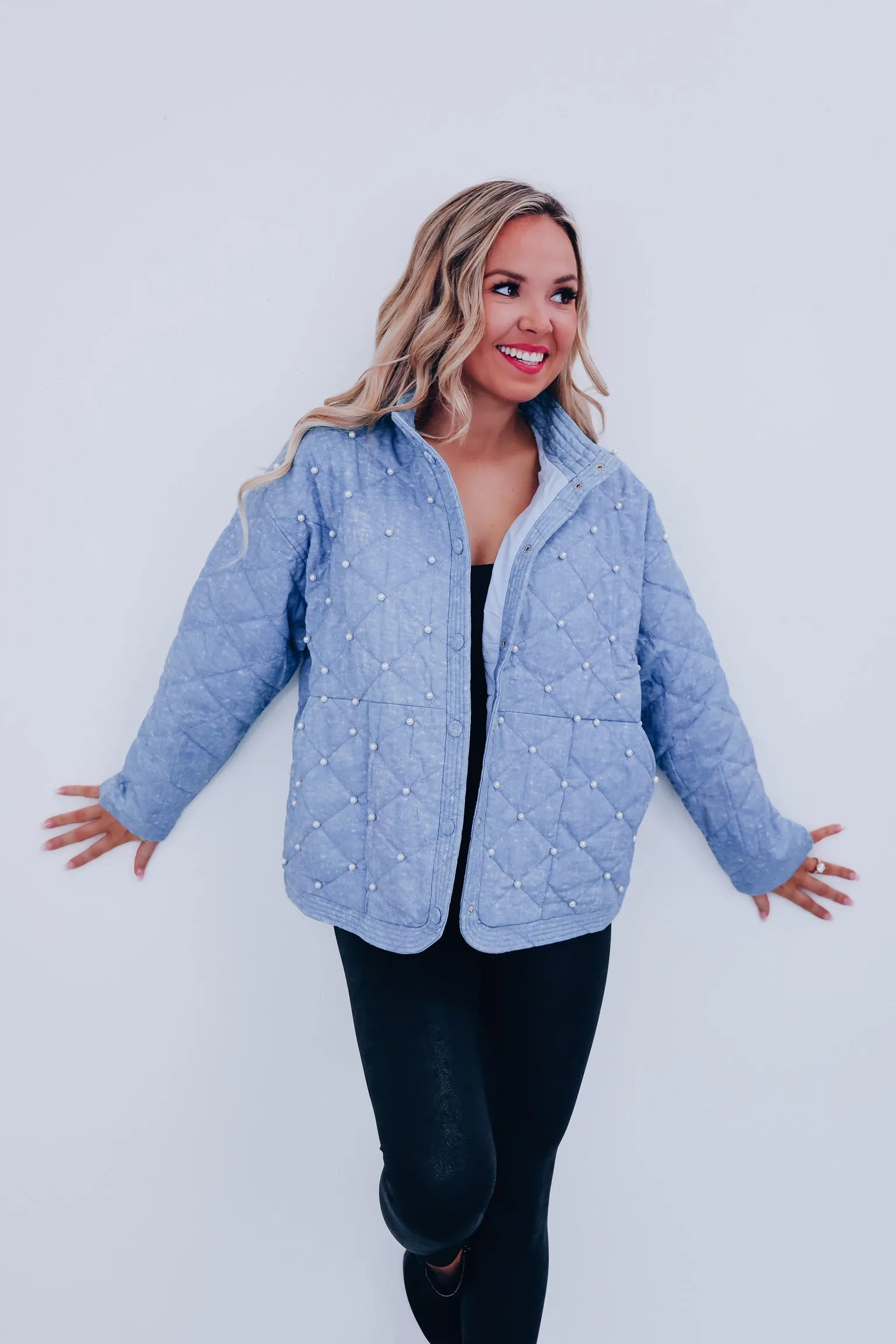 Denim Adorned Quilted Jacket - Blue