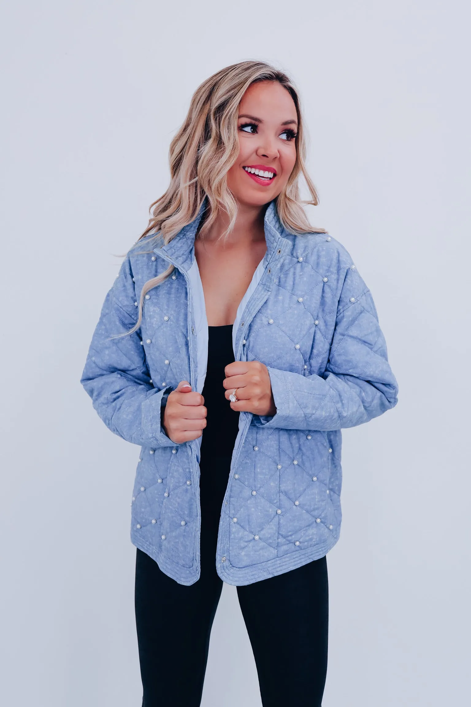 Denim Adorned Quilted Jacket - Blue