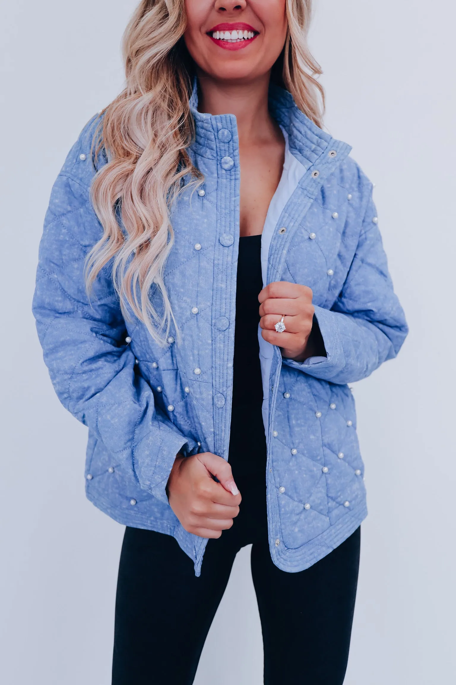 Denim Adorned Quilted Jacket - Blue