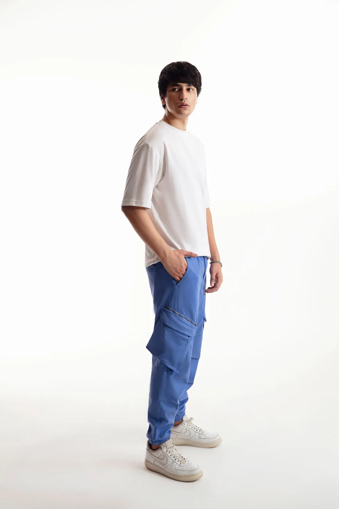 Denim Blue Cargo Pants With Rubber Tag